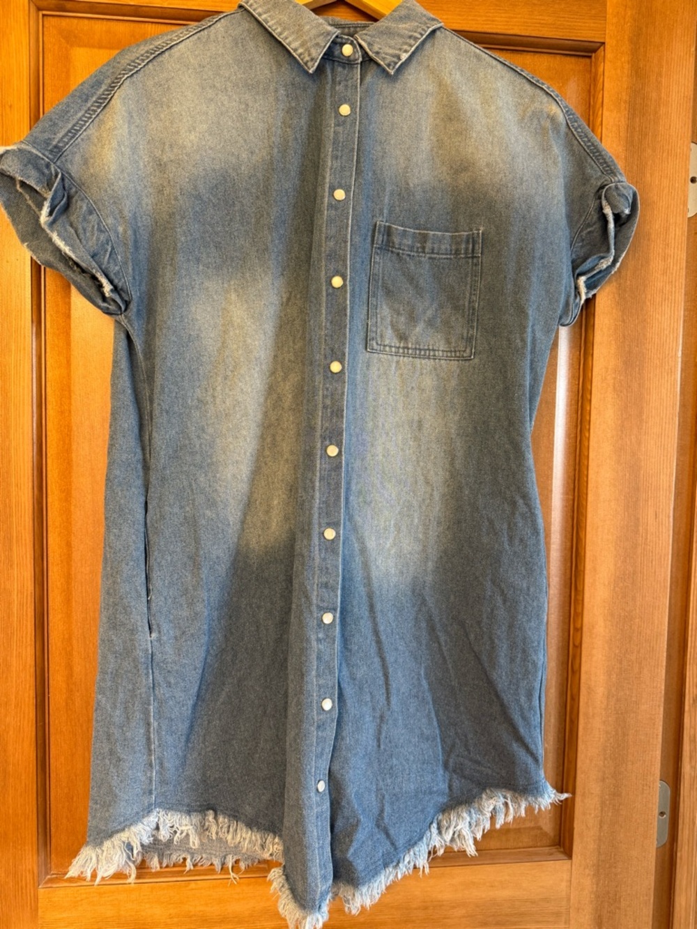 Denim Button-Front Shirt Dress with Frayed Hem